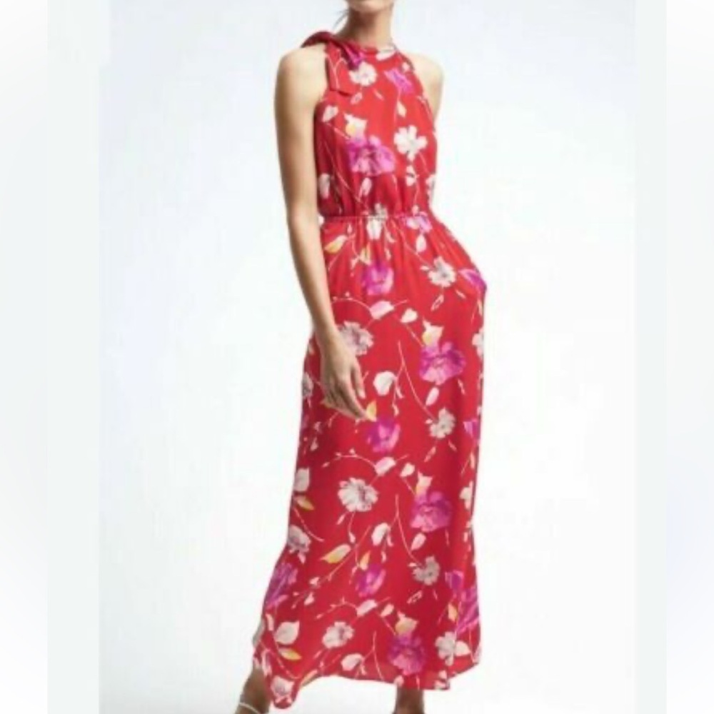 Banana Republic Red and White Floral Dress XS EUC Maxi Lined Pockets